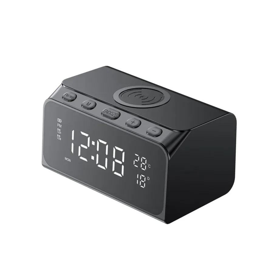 Havit W3041 15 W must 6-ühes juhtmevaba laadija LED-ekraani, äratuskella ja termomeetriga (155x95x87 mm, ABS, 2 USB-porti)