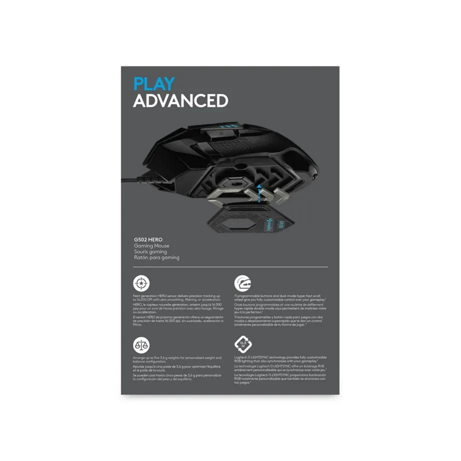 Logitech G502 HERO 11-nupuline 25600 DPI optiline juhtmega mängurihiir RGB-valgustusega, reguleeritava kaaluga, must, USB-A – 11