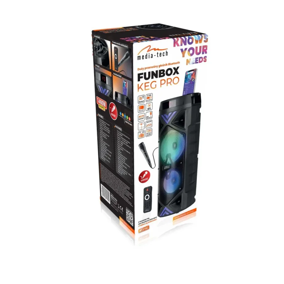 Media-Tech MT3182 FUNBOX KEG PRO 50W Bluetooth 5.0 kaasaskantav kõlar FM-raadio ja mikrofoniga, must, 228x228x572 mm, akutoitel – 6
