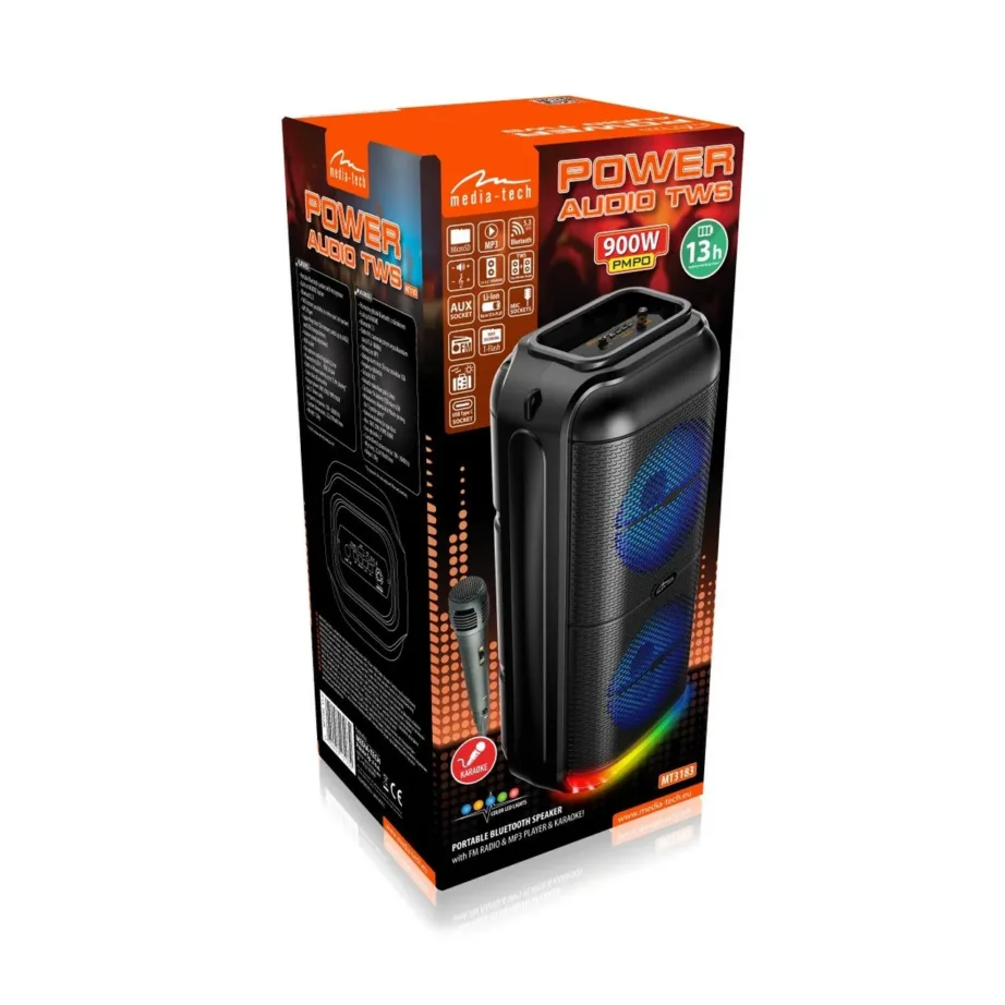 Media-Tech MT3183 50W must Bluetooth 5.3 kaasaskantav kõlar FM-raadio, karaoke ja akuga kuni 13 h – 5