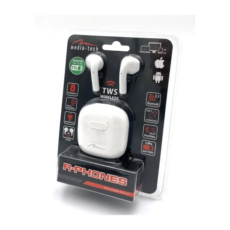 Media-Tech R-PHONES TWS MT3589W juhtmevabad in-ear kõrvaklapid Bluetoothiga, laetava akuga ja kandekarbiga