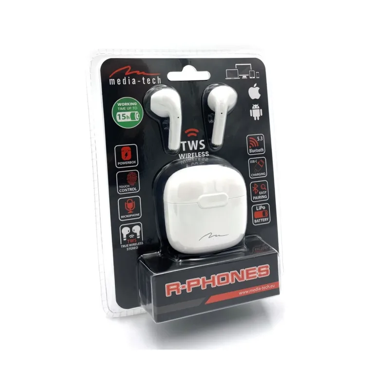 Media-Tech R-PHONES TWS MT3589W juhtmevabad in-ear kõrvaklapid Bluetoothiga, laetava akuga ja kandekarbiga