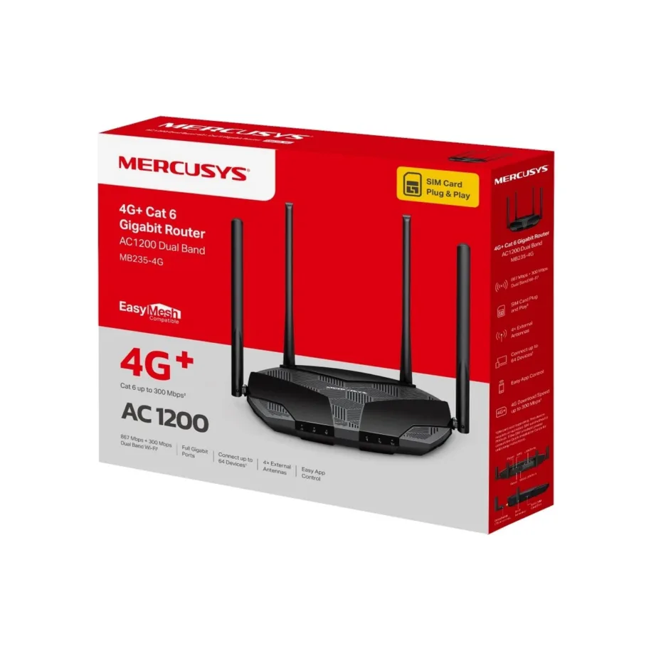 Mercusys MB235-4G must 4G/LTE Wi-Fi ruuter NanoSIMile, 1200 Mbps, 4 LAN-porti, 2,4/5 GHz, välistelt antennidega – 4
