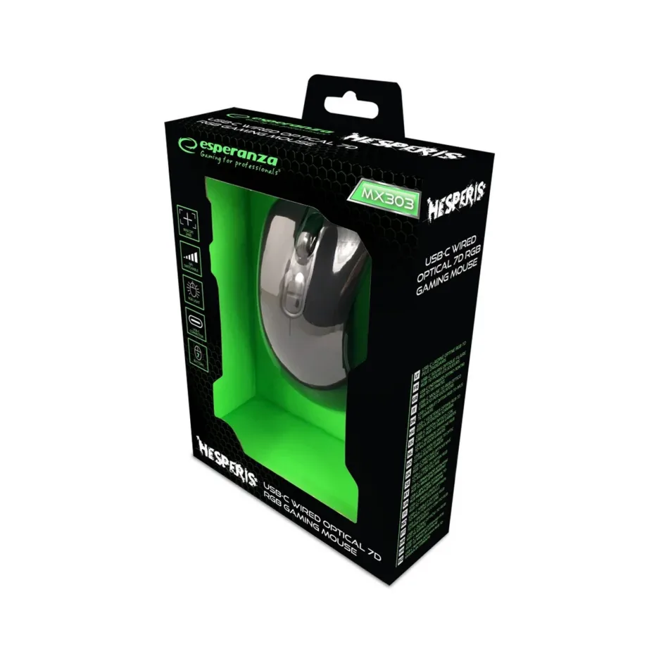 Must USB-C mängurihiir Esperanza EGM303, RGB valgustusega, 2400 DPI, paremakäeline, 7 nuppu, 120x65x40 mm – 5
