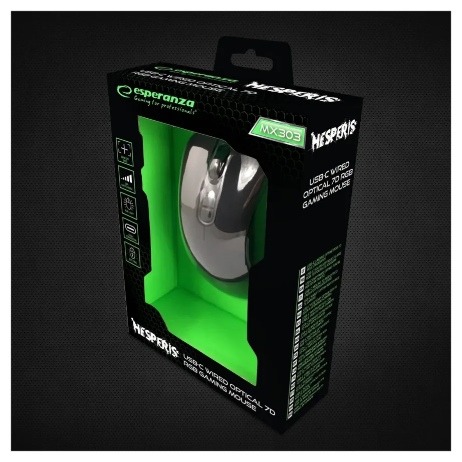 Must USB-C mängurihiir Esperanza EGM303, RGB valgustusega, 2400 DPI, paremakäeline, 7 nuppu, 120x65x40 mm – 6