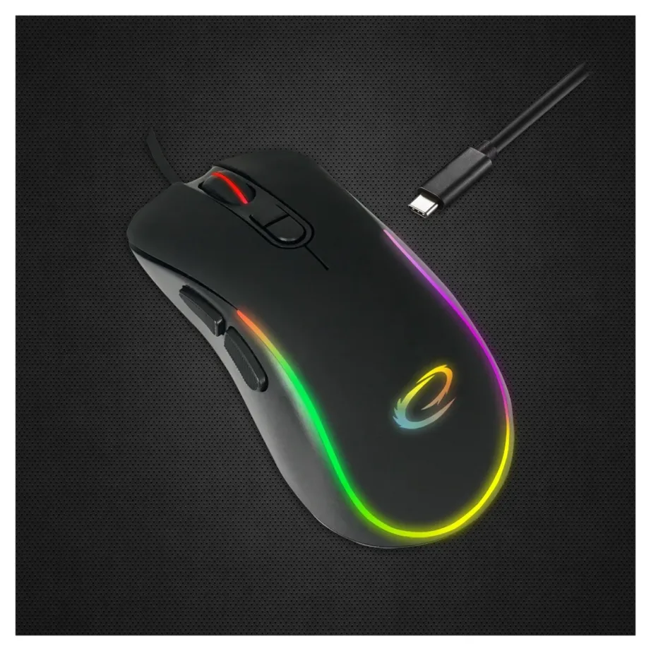 Must USB-C mängurihiir Esperanza EGM303, RGB valgustusega, 2400 DPI, paremakäeline, 7 nuppu, 120x65x40 mm – 7