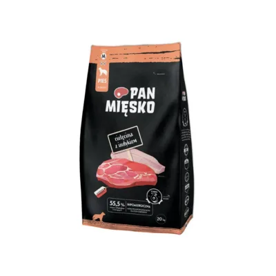 PAN MIĘSKO Cielęcina z indykiem M 20 kg täissööt kuivtoit täiskasvanud koertele, ilma kunstlike värvaineteta, suhkru- ja sojavaba