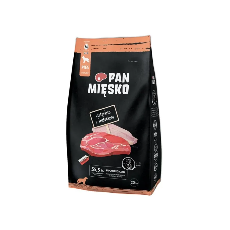 PAN MIĘSKO Cielęcina z indykiem M 20 kg täissööt kuivtoit täiskasvanud koertele, ilma kunstlike värvaineteta, suhkru- ja sojavaba