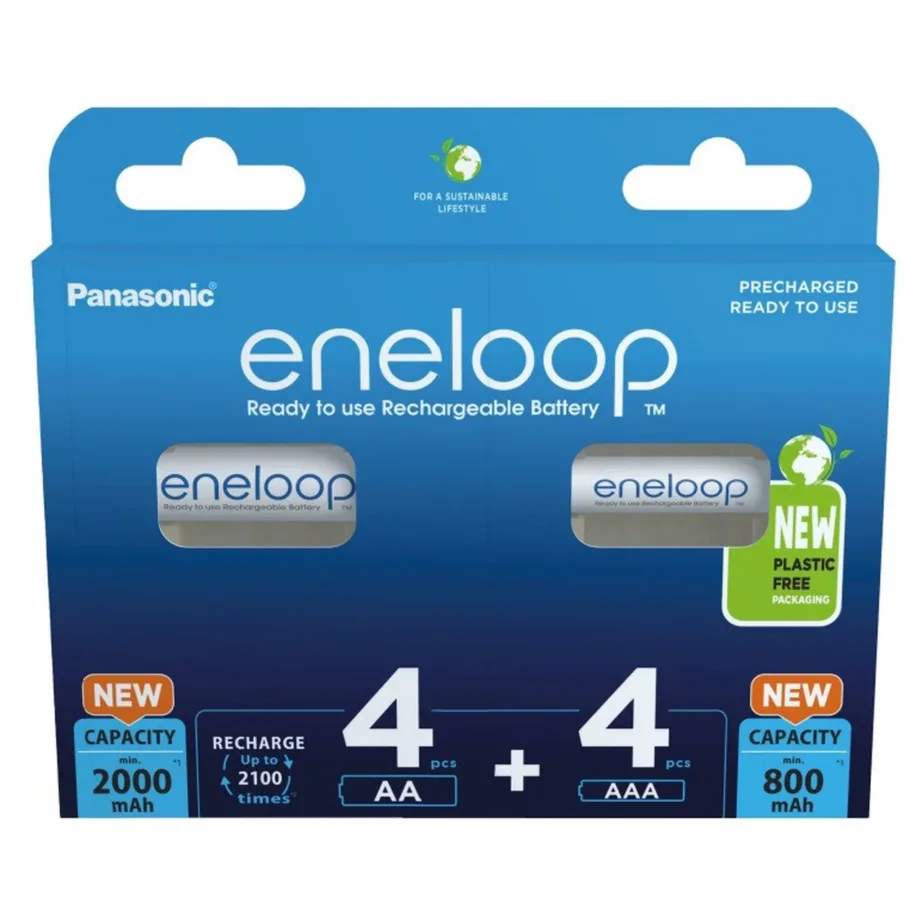 Panasonic Eneloop BK-3MCDE+4MCDE/8CP 4x AA 2000 mAh + 4x AAA 800 mAh valged laetavad Ni-MH akud (8 tk, 1.2V, kuni 2100 laadimistsüklit) – 2