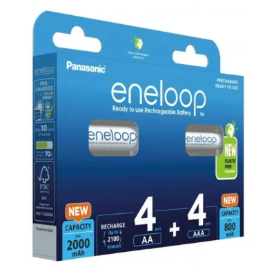 Panasonic Eneloop BK-3MCDE+4MCDE/8CP 4x AA 2000 mAh + 4x AAA 800 mAh valged laetavad Ni-MH akud (8 tk, 1.2V, kuni 2100 laadimistsüklit)