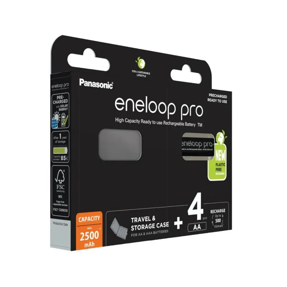 Panasonic Eneloop Pro BK-3HCDE/4CP+CASE AA 2500 mAh Ni-MH laetavate akude komplekt, 4 tk, must reisikarbis