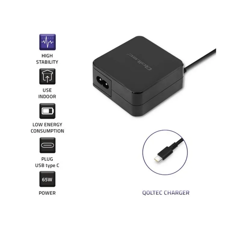 Qoltec 51027 65W USB-C PD must seinalaadija 1,75 m kaabliga sülearvutitele ja seadmetele