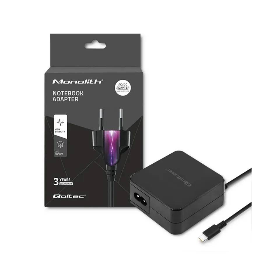 Qoltec 51027 65W USB-C PD must seinalaadija 1,75 m kaabliga sülearvutitele ja seadmetele