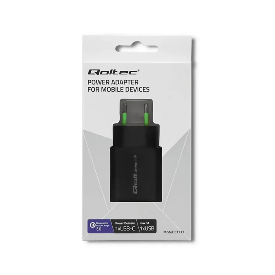Qoltec 51713 must 18W USB-C PD ja USB QC 3.0 seinalaadija, 5-12V, 3A, universaalne nutiseadmetele – 2