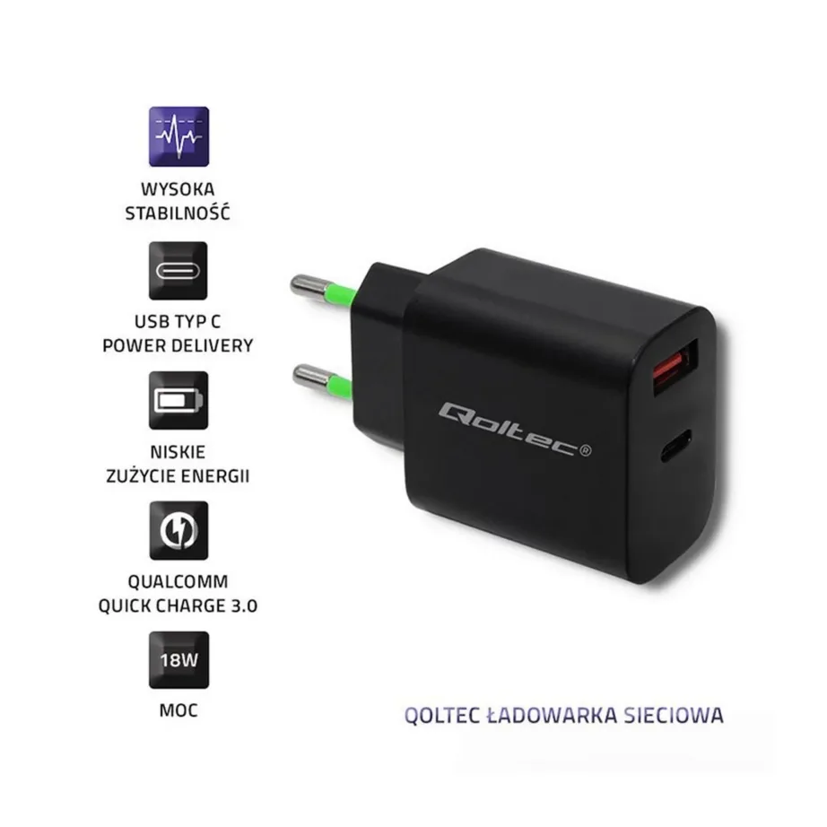 Qoltec 51713 must 18W USB-C PD ja USB QC 3.0 seinalaadija, 5-12V, 3A, universaalne nutiseadmetele – 3