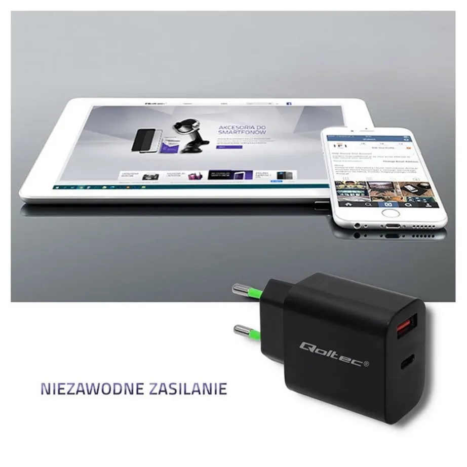 Qoltec 51713 must 18W USB-C PD ja USB QC 3.0 seinalaadija, 5-12V, 3A, universaalne nutiseadmetele – 4