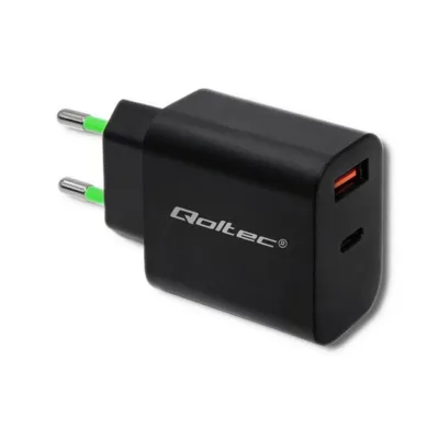 Qoltec 51713 must 18W USB-C PD ja USB QC 3.0 seinalaadija, 5-12V, 3A, universaalne nutiseadmetele