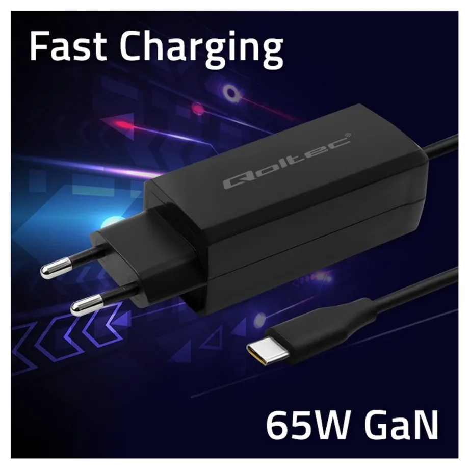 Qoltec 52419 65W USB-C GaN sülearvuti laadija, 20V/3.25A, must, 220–240V, 1,8 m kaabel – 4