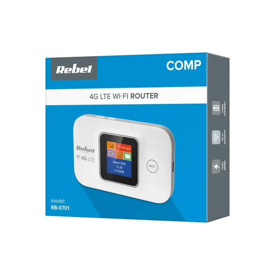 Rebel RB-0701 valge 4G/LTE kaasaskantav Wi-Fi ruuter 2,4 GHz 150 Mbit/s, aku kuni 5 h, SIM- ja microSD-toega – 3