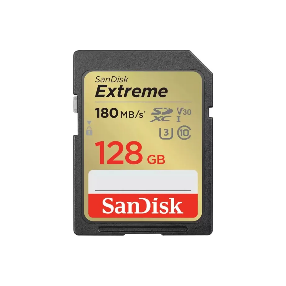 SanDisk Extreme SDSDXVA-128G-GNCIN 128GB SDXC UHS-I Class 10 U3 V30 mälukaart, 180 MB/s lugemine, 90 MB/s kirjutamine, veekindel, must/kuldne
