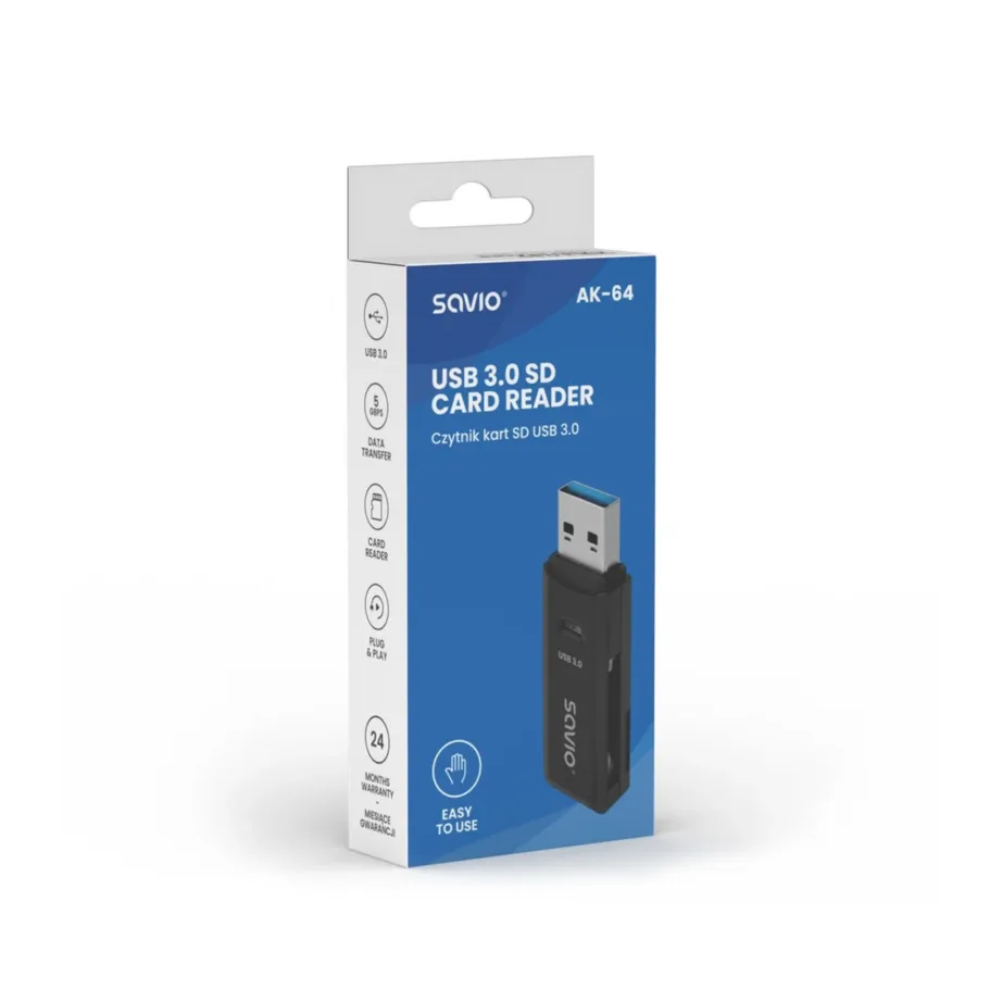 SAVIO AK-64 USB 3.0 must SD/microSD kaardilugeja, 57,5x17x8,3 mm, Plug & Play – 3