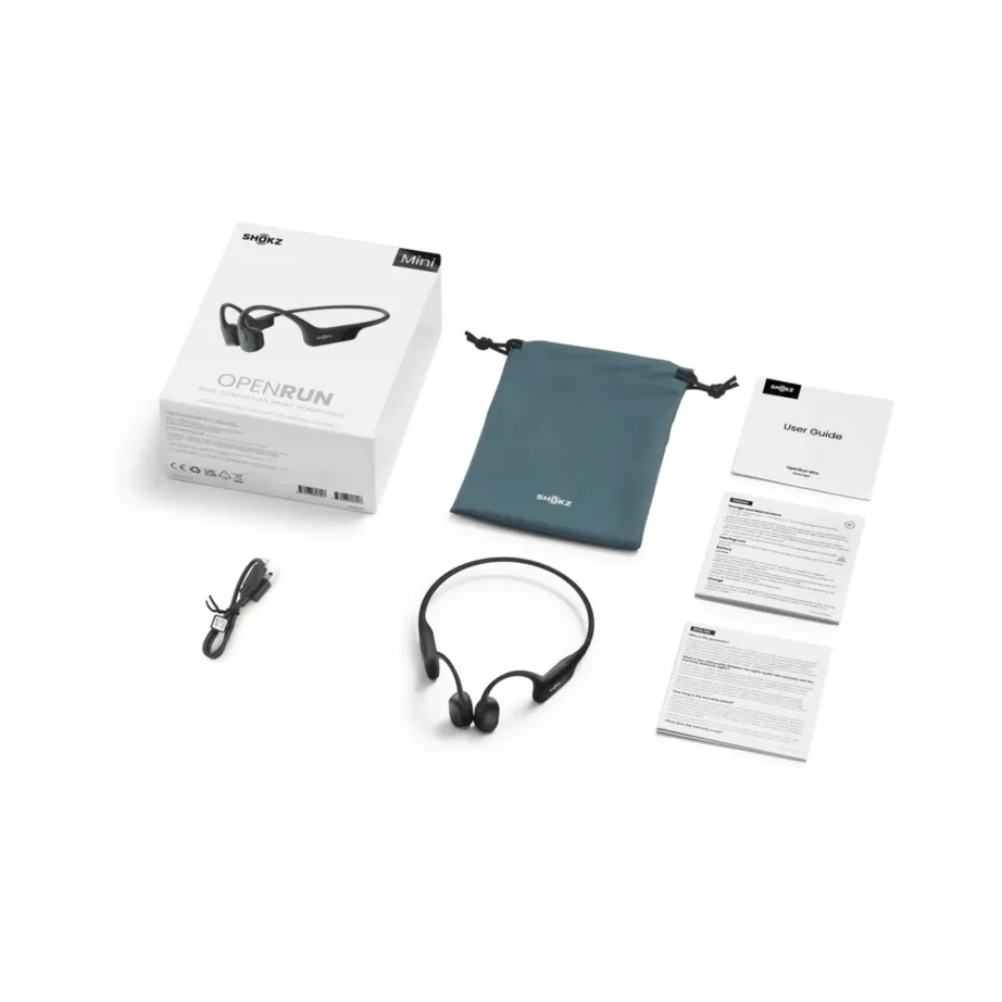 SHOKZ OpenRun Mini S806-MN-BK IP67 veekindel Bluetooth 5.1 spordikõrvaklapp luujuhtivusega kaelarihmaga, must, 26 g, kiirlaadimine, titaanraam – 5