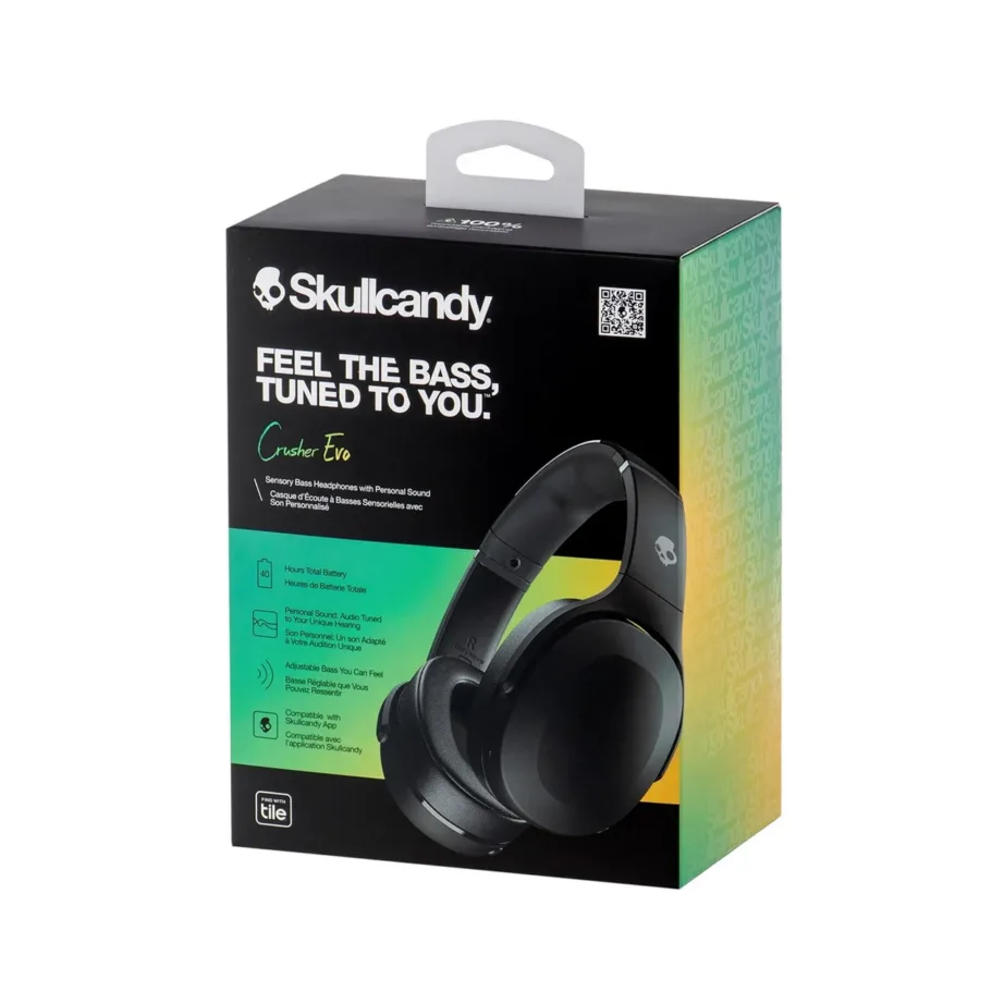 Skullcandy Crusher Evo S6EVW-N740 mustad 312 g kokkuvolditavad juhtmevabad ja juhtmega Bluetooth 5.0 kõrvaklapid muusika ja kõnede jaoks, USB-C, 40 h aku – 9