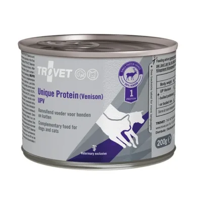 TROVET Unique Protein UPV 200g hirvelihaga veterinaarne märgtoit allergilisele täiskasvanud kassile ja koerale