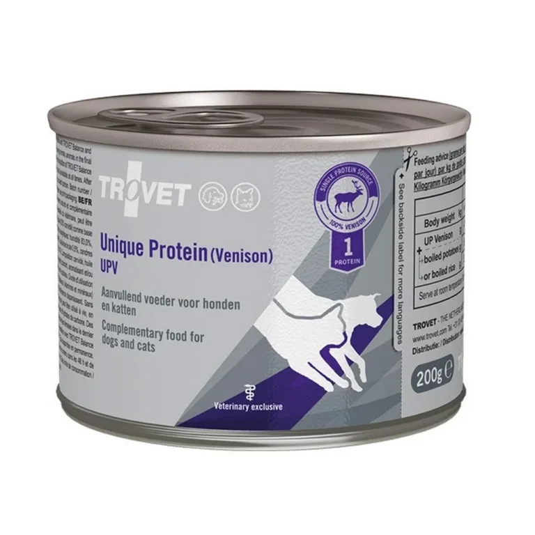 TROVET Unique Protein UPV 200g hirvelihaga veterinaarne märgtoit allergilisele täiskasvanud kassile ja koerale
