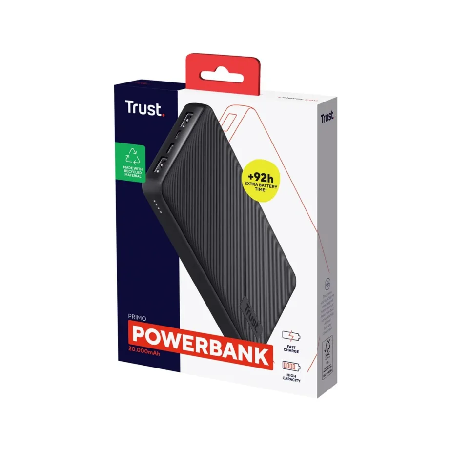 Trust Primo 24676 20 000 mAh must kiirlaadimisega akupank, 3 USB-väljundit, LED-indikaatoriga, sobib nutitelefonidele ja tahvelarvutitele – 6
