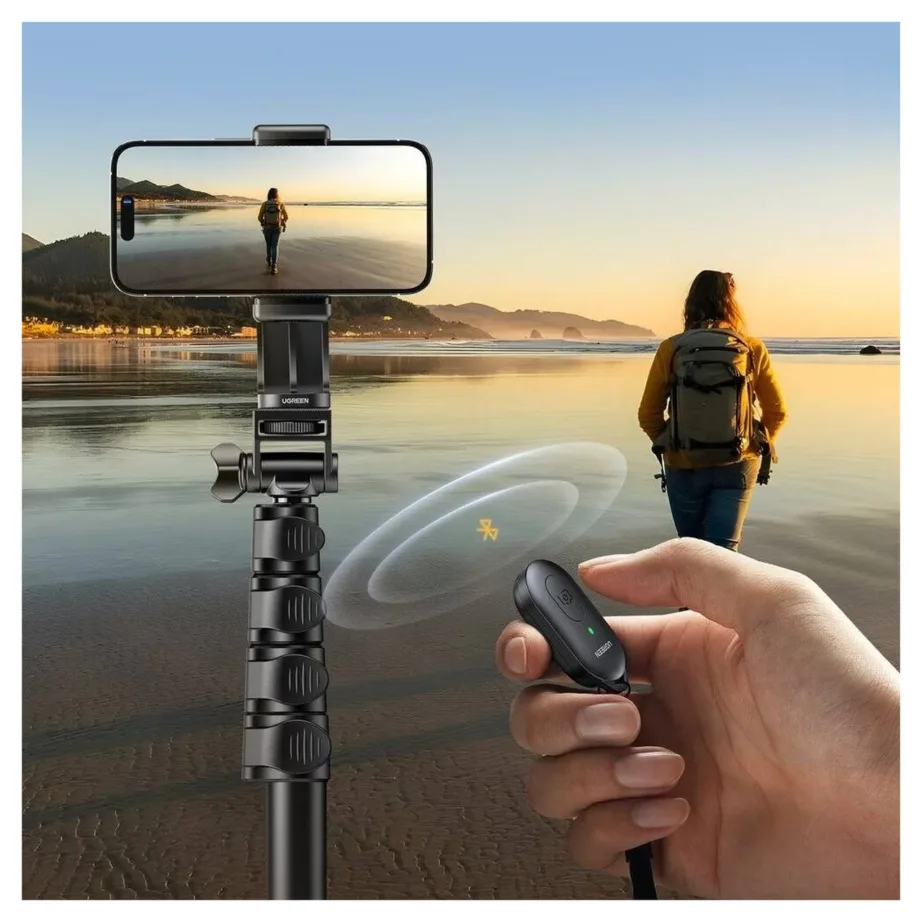 Ugreen LP680 1,8 m must alumiiniumist Bluetooth-statiiv/selfie-pulk kaugjuhtimispuldiga nutitelefonidele – 4