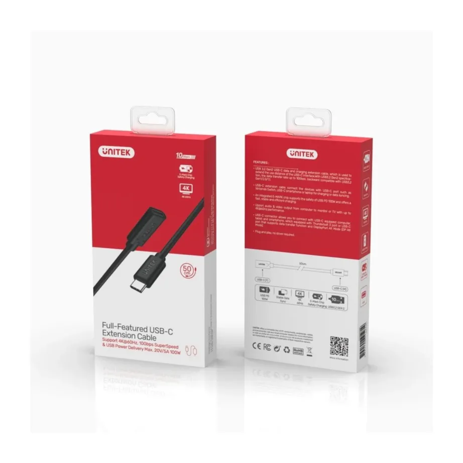 UNITEK C14086BK 0,5 m must USB-C 3.2 Gen 2 10 Gbit/s 100 W pikenduskaabel – 4