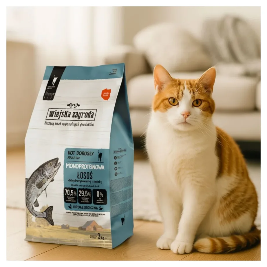 Wiejska Zagroda lõhe monoproteiin kuivtoit kassile 3 kg, gluteenivaba – 5