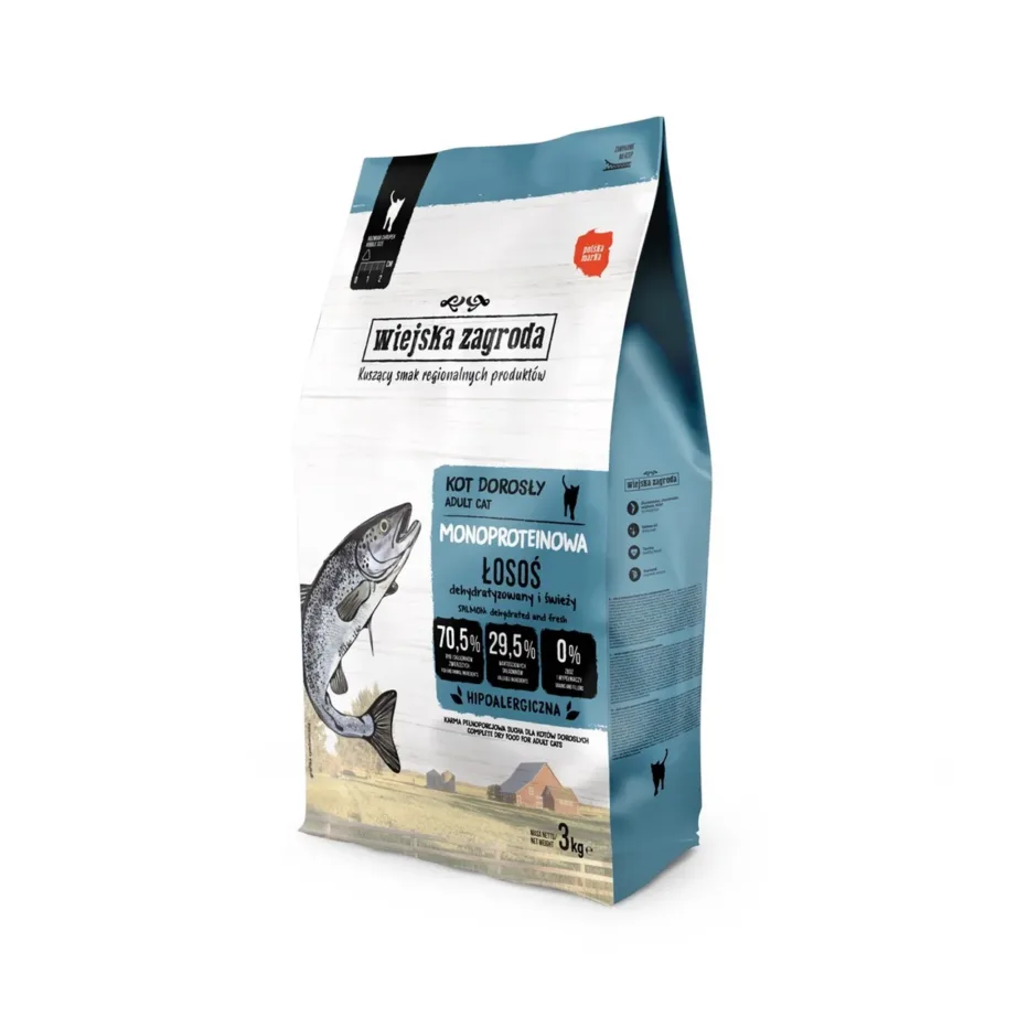 Wiejska Zagroda lõhe monoproteiin kuivtoit kassile 3 kg, gluteenivaba