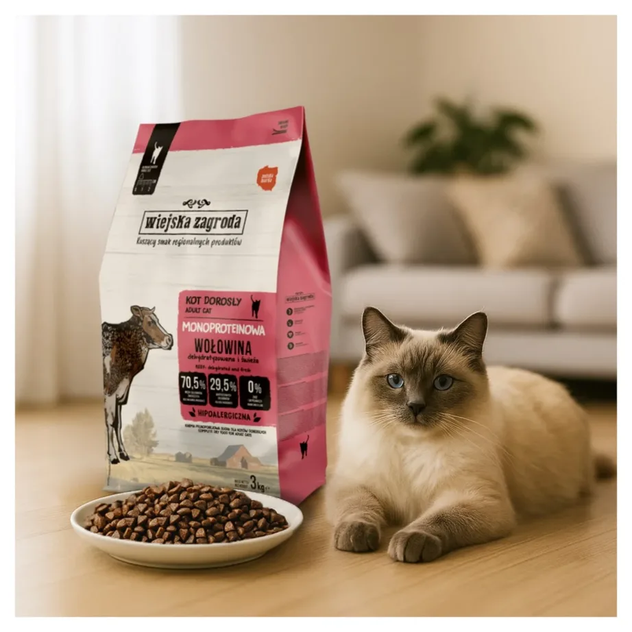 Wiejska Zagroda Monoprotein Beef 3 kg teraviljavaba kuivtoit täiskasvanud kassidele tundliku seedimise ja allergiaga – 5