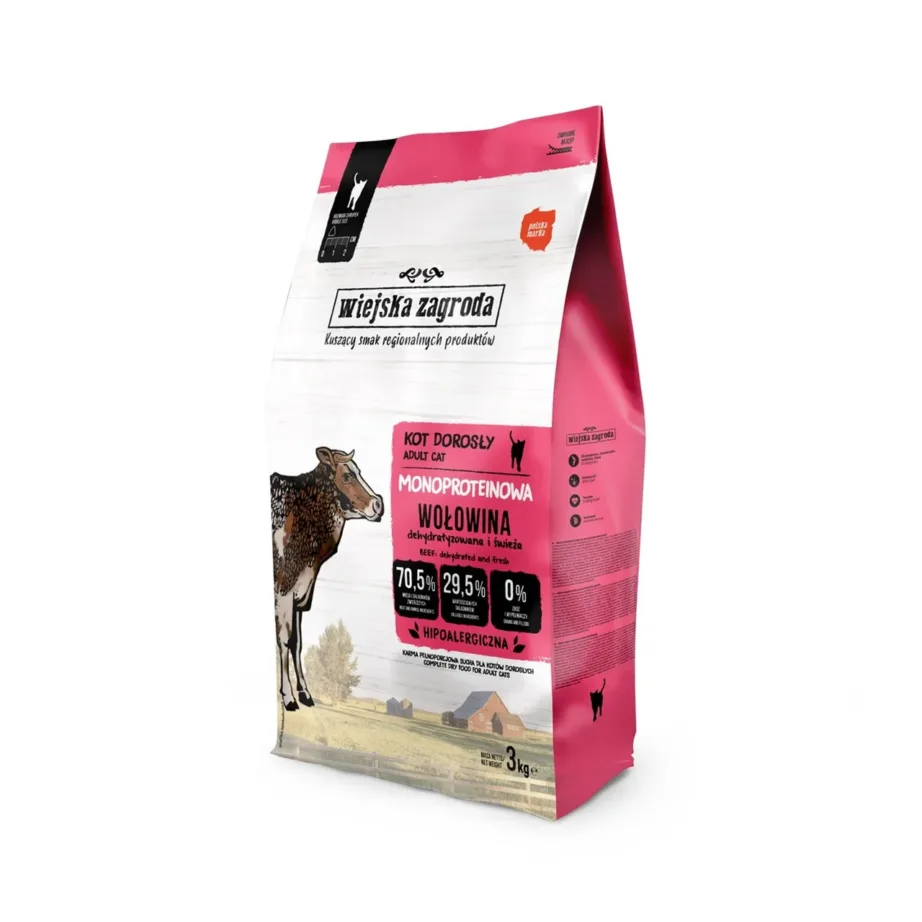 Wiejska Zagroda Monoprotein Beef 3 kg teraviljavaba kuivtoit täiskasvanud kassidele tundliku seedimise ja allergiaga