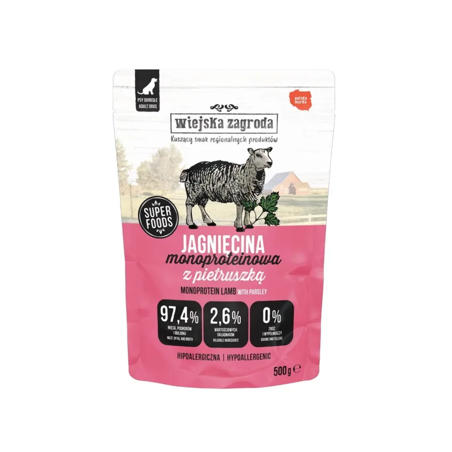 Wiejska Zagroda Monoprotein Lamb 500 g lambalihaga gluteenivaba täissööt täiskasvanud koertele