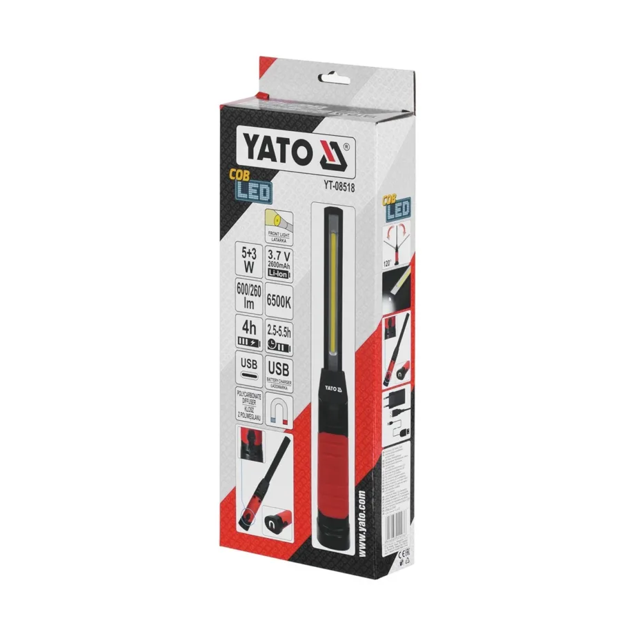 Yato YT-08518 8W must LED töövalgusti, kokkupandav alumiiniumkorpus, magnetiga, aku ja laadijaga sise- ja välistingimustesse – 3