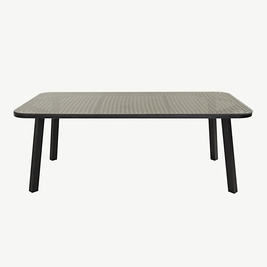 Paola suuremõõtmeline klaaspinnaga aiatöölaud (must teras, liivikarva palmik, 200×100 cm), 1512-2038 – 2