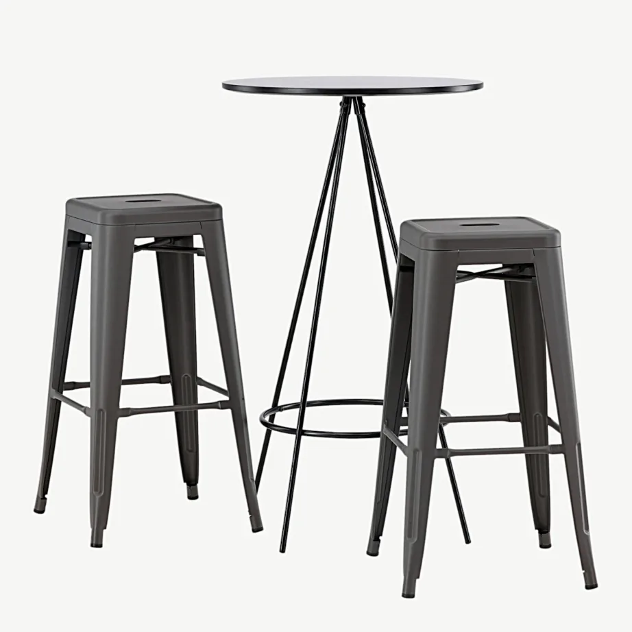 Ümmargune baarilaud Bistro ja kõrged terastaburetid Tempe, must/tumehall, GR23689