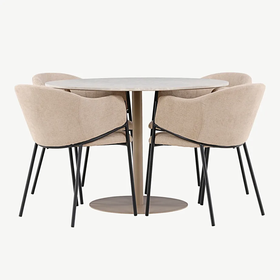 Beež ümmargune söögilauakomplekt Lycke lauaga ja Evelina polsterdatud toolidega (MDF, teras, ø110 cm), GR24382 – 2