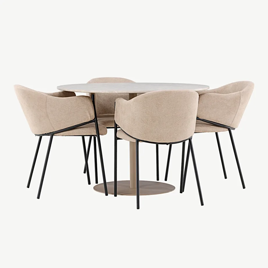 Beež ümmargune söögilauakomplekt Lycke lauaga ja Evelina polsterdatud toolidega (MDF, teras, ø110 cm), GR24382 – 3