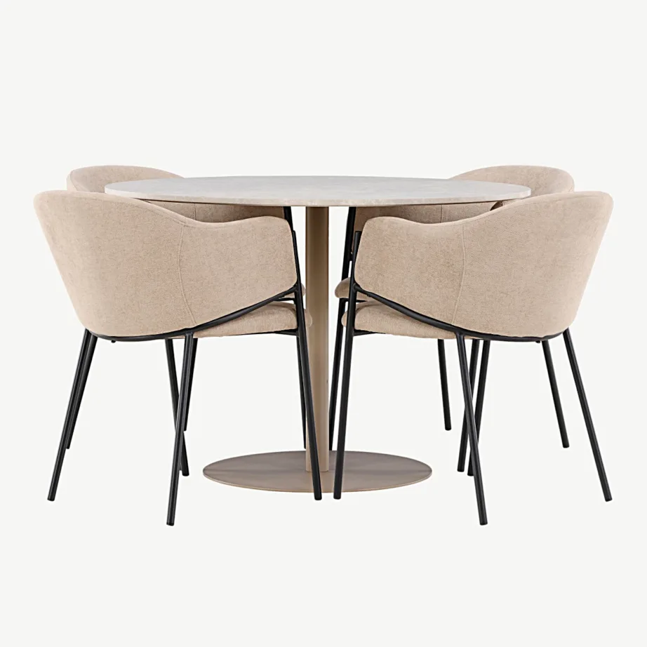 Beež ümmargune söögilauakomplekt Lycke lauaga ja Evelina polsterdatud toolidega (MDF, teras, ø110 cm), GR24382 – 4