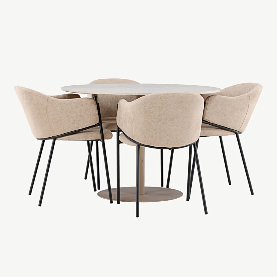 Beež ümmargune söögilauakomplekt Lycke lauaga ja Evelina polsterdatud toolidega (MDF, teras, ø110 cm), GR24382 – 5