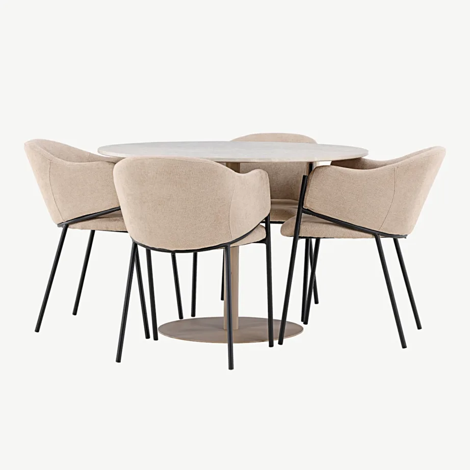 Beež ümmargune söögilauakomplekt Lycke lauaga ja Evelina polsterdatud toolidega (MDF, teras, ø110 cm), GR24382 – 6