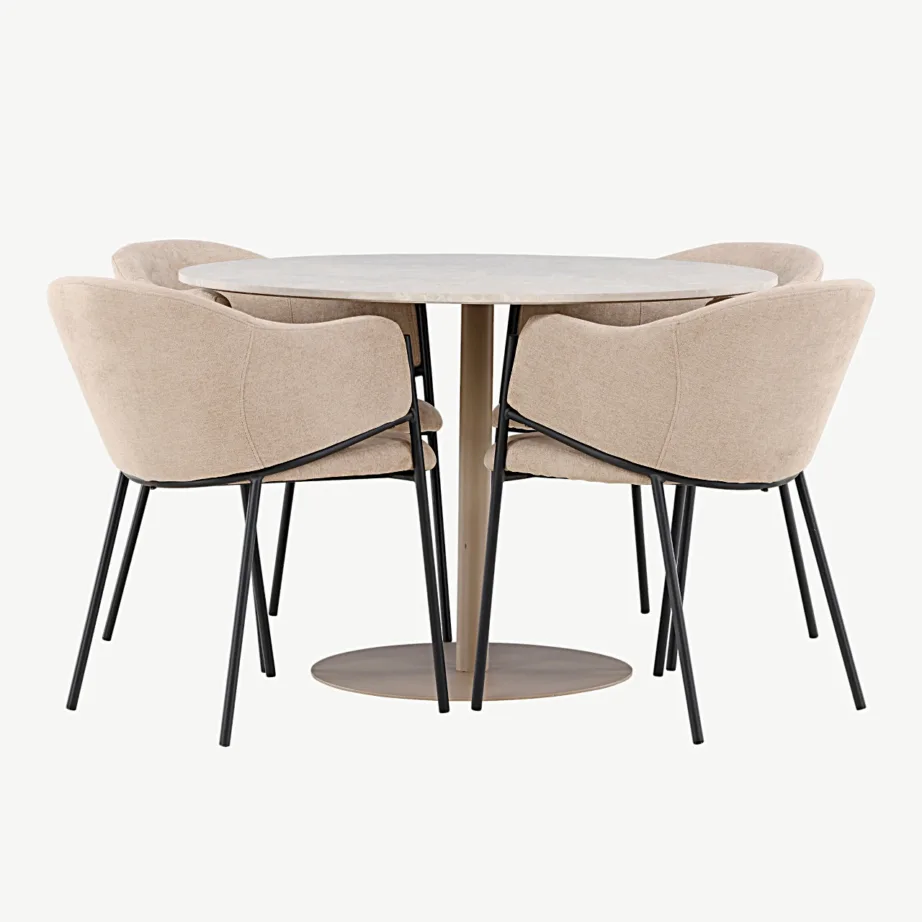 Beež ümmargune söögilauakomplekt Lycke lauaga ja Evelina polsterdatud toolidega (MDF, teras, ø110 cm), GR24382 – 7