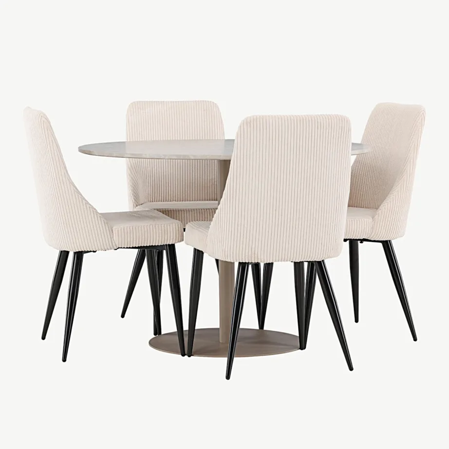 Beež ümmargune MDF söögilaud Lycke ja 4 pehmet polüesterist Leone tooli, GR24384