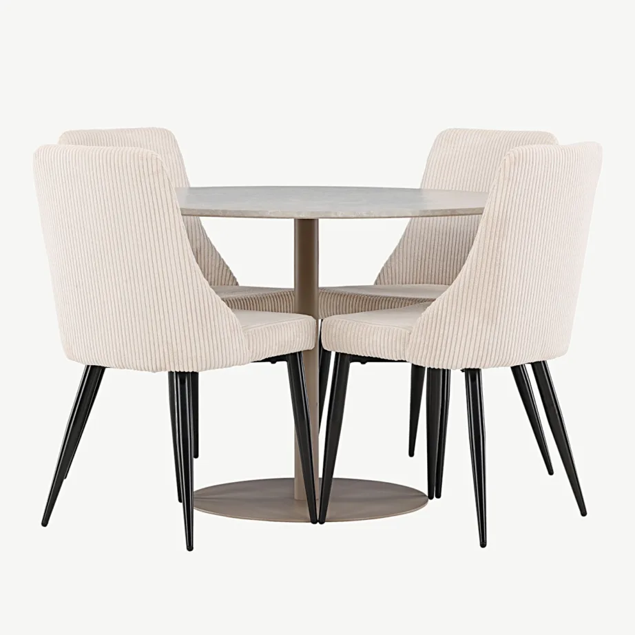 Beež ümmargune MDF söögilaud Lycke ja 4 pehmet polüesterist Leone tooli, GR24384 – 4