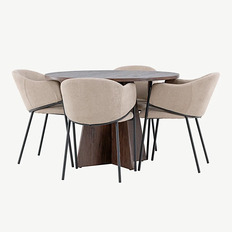 Ümmargune mokkatooniga söögilauakomplekt Bootcut ja Evelina beežid toolid, GR24390 – 3