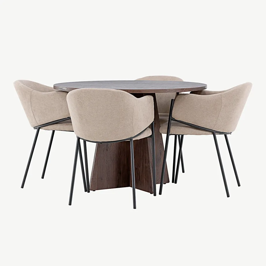 Ümmargune mokkatooniga söögilauakomplekt Bootcut ja Evelina beežid toolid, GR24390 – 6